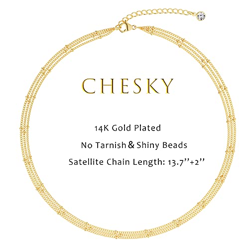 CHESKY 14K Gold Plated Silver Dainty Satellite Choker Necklace for Women | Layered Beaded Chain Necklace, Thin Choker Jewelry, Dainty Gold necklace, Minimalist Trendy Jewelry, Daily Gift for Women - style: 3beads-gold