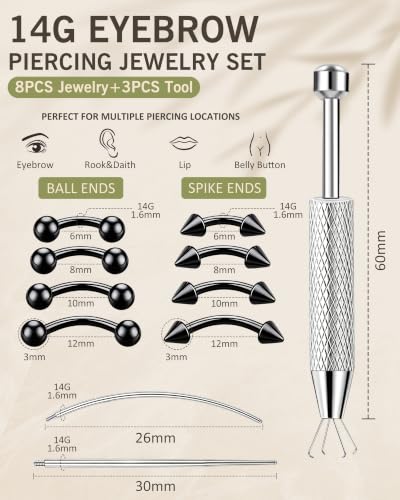 11Pcs Eyebrow Piercing Jewelry with Grabber Tool 14G/16G Stainless Steel Curved Barbell Eyebrow Jewelry Hypoallergenic Eyebrow Rings Rook Vertical Labret Navel Daith Lip Helix Conch Daith for Women Men 6mm/8mm/10mm/12mm - color: Black, size: 14G