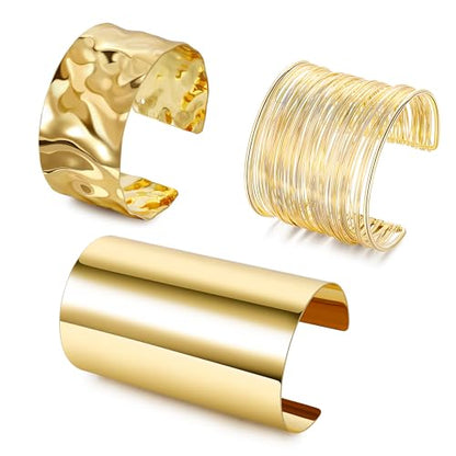 3PCS Chunky Cuff Bracelets for Women Irregular Minimalist Statement Bangle Bracelets Set Open Wide Wire Grooved Hammered Bangle Bracelet Gold Sliver Wrist Cuff Wrap Bracelet Adjustable - color: Gold Cuff Bracelets B