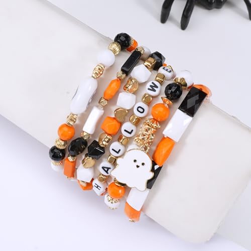 Ardorchid Halloween Bracelets for Women Pumpkin Ghost Steleton Bat Skull Beaded Stackable Stretchy Bracelet Rugby Thanksgiving Christmas Heishi Bracelets - color: Halloween Bracelet -2