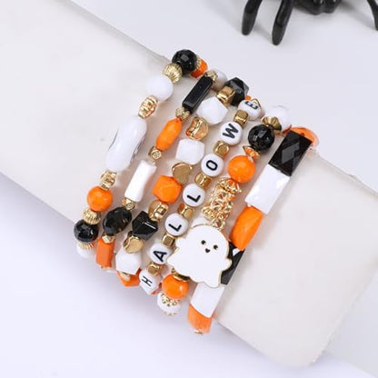 Ardorchid Halloween Bracelets for Women Pumpkin Ghost Steleton Bat Skull Beaded Stackable Stretchy Bracelet Rugby Thanksgiving Christmas Heishi Bracelets - color: Halloween Bracelet -2