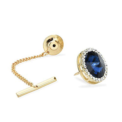 Men's Classic Round Crystal Men's Tie Tack Gold Color Tie Tack Clutch Back Fashion Necktie Tack Pin with Chain Crystal Lapel Pins Brooch - color: Royal Tie Tack