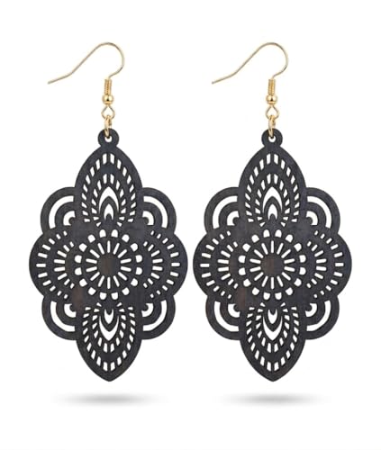 Boho Black Filigree Dangle Earrings for Women, Lightweight Hollow Lace Drop, Wood, 3.34" x 1.69", Bohemian Jewelry - color: Dark Grey