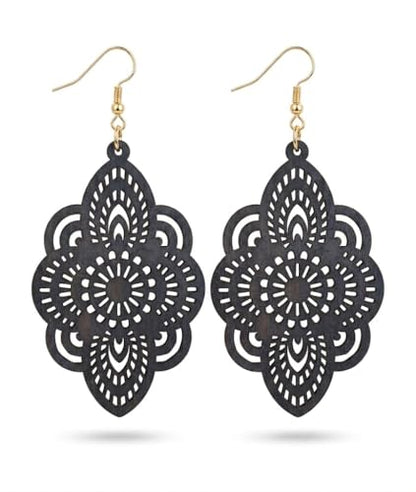 Boho Black Filigree Dangle Earrings for Women, Lightweight Hollow Lace Drop, Wood, 3.34" x 1.69", Bohemian Jewelry - color: Dark Grey