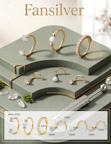Fansilver 18G/20G Nose Rings for Women Hypoallergenic Stainless Steel | Threaded Horseshoe Hoops & L/S Shaped Nose Studs with CZ Opal Dainty Lip Tragus Helix Nostril Piercing Jewelry Set