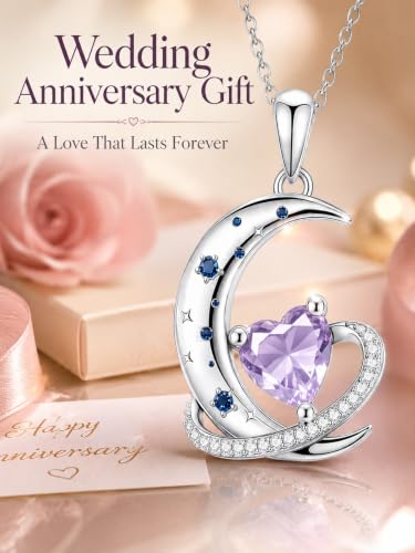 Birthstone Necklace for Women White Gold Moon and Star Pendant Moon Jewelry Anniversary Birthday Gifts for Mom Wife Her - color: 06. June - Alexandrite