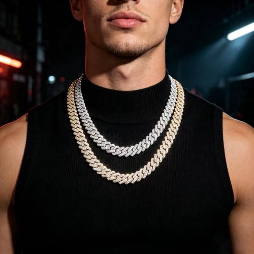 10mm Moissanite Cuban Link Chain, S925 Silver Hip Hop Necklace for Men | GRA D-VVS1 moissanite. Solid S925 silver, 16-24" silver/gold. 10mm double-row pavé. Reinforced prongs & clasp. Gift box.