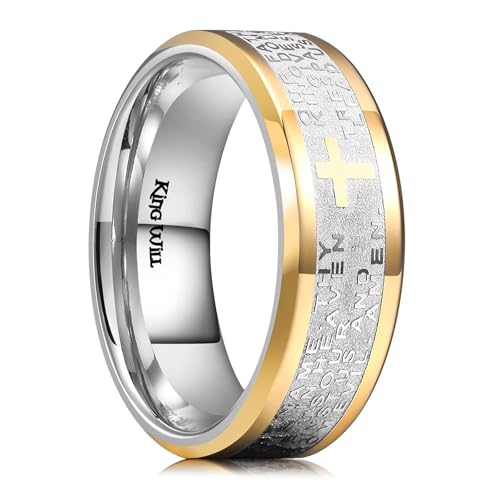 King Will Stainless Steel Men Ring Lord's Prayer Cross Ring Stainless Steel Men Wedding Ring, Wedding Band Bible Engraved Rings High Polished, Comfort Fit | 8mm, Gold/Silver/Black Wedding Band, Bible Engraved Rings, High Polished, Comfort Fit, Size 7-14 -