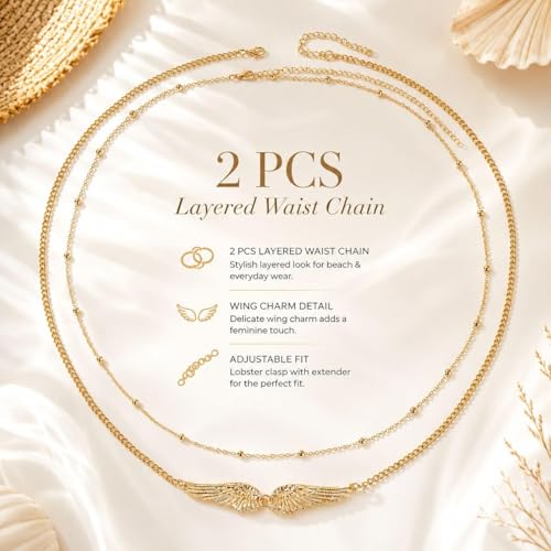 Angel Wings Waist Chain for Women Gold Layered Belly Chain Dainty Waist Jewelry Beach Body Jewelry Summer Outfit Accessories - color: A1:gold waist chain