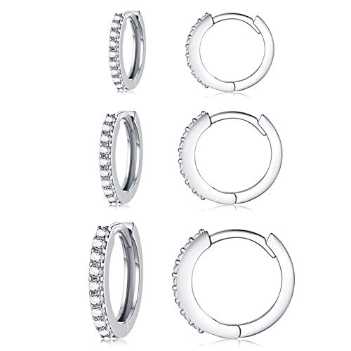 Silver Hoop Earrings for Women, 3 Pairs Small Sterling Silver Huggie Earrings | Tiny Cubic Zirconia Cartilage Cuff Earrings Hoop Piercing Jewellery for Men Teens (8mm/10mm/12mm) - color: 3 Pairs(8/10/12mm)-Silver