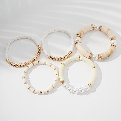 GOOJIDS Simple Beaded Gold Plated Bangles Bracelet Chunky Bamboo Tube Curved Stacking Clear Acrylic Colorful Beads Stretchable Gold Plated Bracelets Set For Women - color: A-A2 White Set
