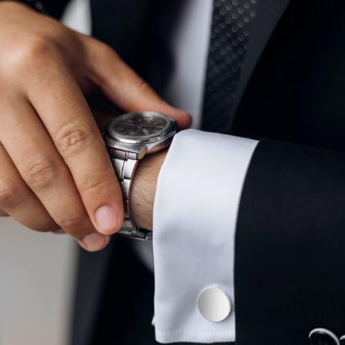 12 Pcs Stainless Steel Cufflinks for Men, Round Mirror Polished Silver Tone Cuff Link Accessories, Simple Shirt Button Style, Toggle Back Closure, for Formal Attire and Dress Shirts