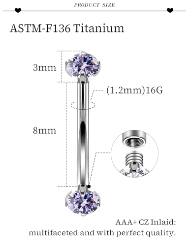 16G Astm F136 Titanium Eyebrow Piercing Jewelry Curved Barbell Eyebrow Ring Vertical Labret Lip Jewelry Daith Rook Earrings Navel Small Belly Button Ring Piercing Jewelry for Women Men CZ - style: 16G, 8MM Length, Purple CZ