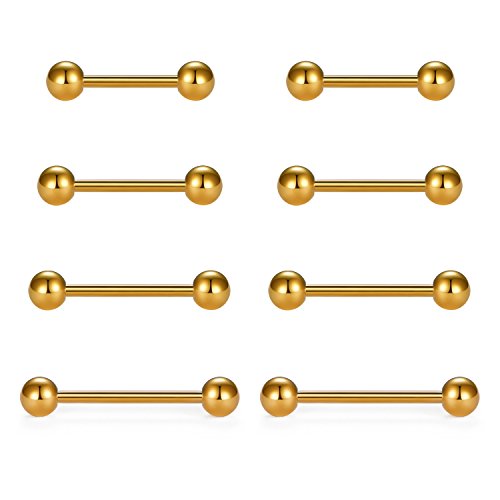 VCMART Nipple Rings Tongue Rings Stainless Steel 14G Straight Barbells Piercing Jewelry 12mm,14mm,16mm,18mm - color: 4 -gold