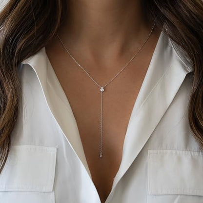 Lariat Necklace for Women, Dainty Long Necklaces, 14k Gold/Silver Plated Y-Shaped Drop Chain Necklace, Simple Layered Necklaces, Trendy Jewelry Gifts - style: Single CZ Y Necklace-Silver