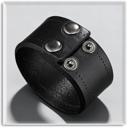 Xusamss Wide Leather Cuff Bracelet for Women Adjustable Punk Wristband Faux Leather Fashion Jewelry Bangle - color: Black
