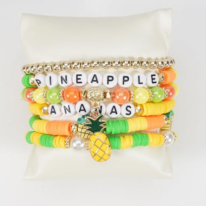 Twinfree Bohemian Cute Fruit Banana Cherry Strawberry Pineapple Mango Polymer Clay Beaded Stackable Stretch Bracelets - color: Color 1