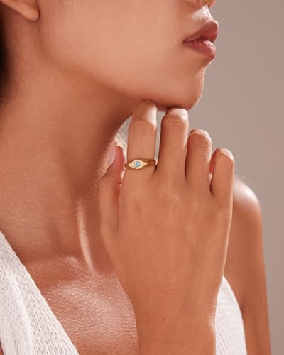 YeGieonr Gold Rings for Women Non Tarnish, 18K Gold Plated Stainless Steel North Star Signet Ring, Waterproof Dainty Pinky Statement Ring, Tarnish Free Gold Jewelry for Women - color: Rhombus Blue