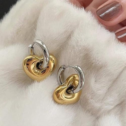 18K Gold Plated Heart Charm Hoop Earrings for Women, Two Tone Puffy Gold Heart with Silver Hoop Dangle Earrings, Polished Minimalist Heart Drop Huggie Hoops, Lightweight Romantic Jewelry