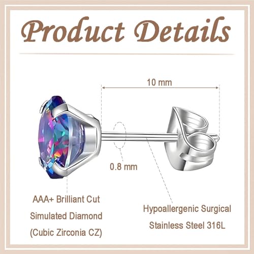 12 Pairs Stud Earrings Set, Hypoallergenic Surgical Stainless Steel 316L Earring for Women Men, Small Earring Studs Pack with Cubic Zirconia - color: Rainbow-6 Sizes-3，4，5，6，7，8