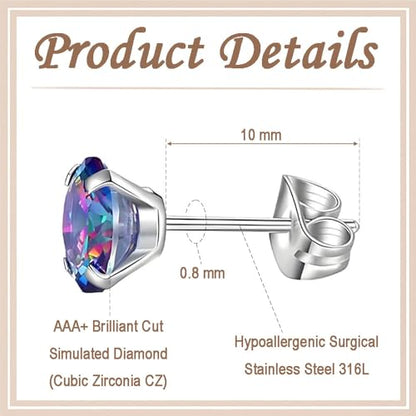 12 Pairs Stud Earrings Set, Hypoallergenic Surgical Stainless Steel 316L Earring for Women Men, Small Earring Studs Pack with Cubic Zirconia - color: Rainbow-6 Sizes-3，4，5，6，7，8