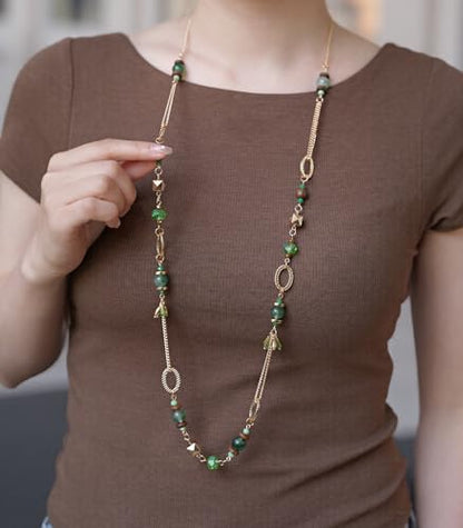 Long Gold Boho Necklaces for Women Beaded Statement Chain Long Necklace Gold Costume Jewelry Birthday Gifts for Her - color: Green