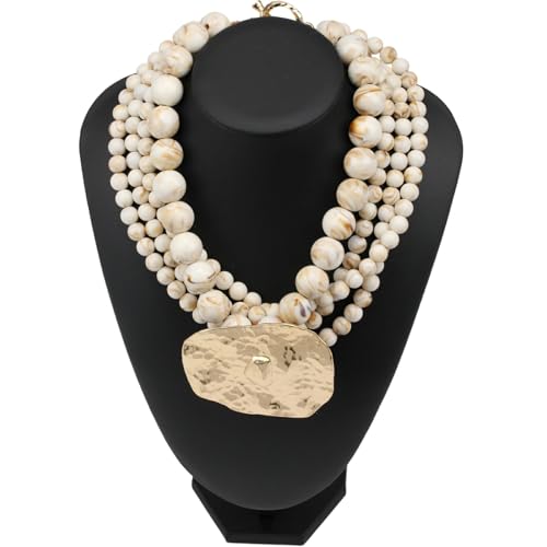 Multi Strand Bead Pendant Necklace for Women Stone Wood Pearl Jewelry | Gold Color Metal Charm Fashion Ethnic Tribal Elegant Statement - color: N1537-white