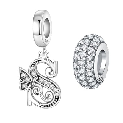 2 Pack 925 Sterling Silver Butterfly Letter Charms for Bracelets and Necklace Alphabet Initial Dangle Pendants Round Spacer Beads Pave Cubic Zirconia Jewelry Gift for Women - color: S Set