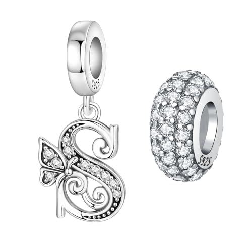 2 Pack 925 Sterling Silver Butterfly Letter Charms for Bracelets and Necklace Alphabet Initial Dangle Pendants Round Spacer Beads Pave Cubic Zirconia Jewelry Gift for Women - color: S Set