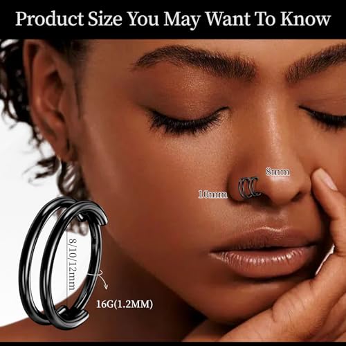 2 PCS Cartilage Earring Double Triple Hoop Nose Ring Titanium Conch Piercing Jewelry - color: Black, size: 16g 10mm
