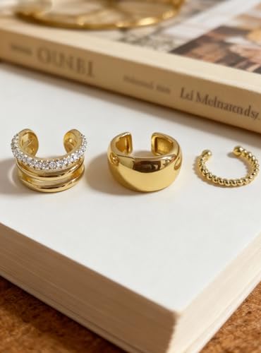 Ear Cuffs Non Piercing Hypoallergenic Gold Plated Ear Cuff Earrings for Women Trendy Clip On Cartilage Earring Set Dainty Adjustable Fake Piercings Earrings Fashion Accessories - color: F:3pcs gold ear cuff