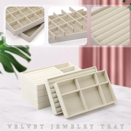 Inbagi 8 Pcs Small Velvet Jewelry Trays Stackable Drawers Organizer Inserts Divided Display Trays for Earring Ring Necklace, Beige