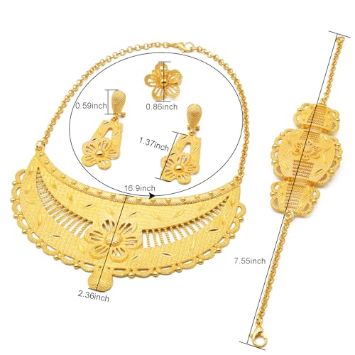 indian Women Jewelry Necklace Set african Dubai Bride Wedding Prom Fashion Jewelry 24K Gold Plated Necklace Bangles Rings Earrings - color: S-346