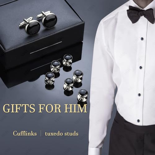 VAMA FASHIONS Tuxedo Cufflinks and Studs Formal Shirt Wedding Cuff Links set for Men (Silver Black Cuff Links Studs)