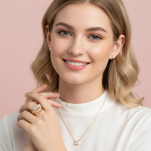 Devin Rose 7 Pcs Cubic Zirconia Trend Necklace Stack Ring Stud Earring Set for Women in Metallic Travel Case Organizer Gift Jewelry Box with Lid