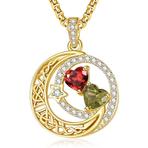 14K Gold Moon and Star Double Birthstone Necklace Gifts for Women | 2 Heart Birthstone Necklace,Mothers Day Wedding Anniversary Birthday Gifts for Wife Mom Daughter Grandma Sister - color: 01-08-Jan-Aug Birthstone