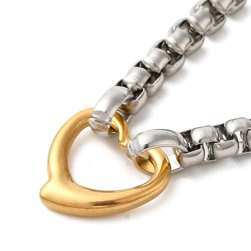 2set Stainless Steel Heart Pendant Necklaces Bracelets Sets for Women Stainless Steel Box Chain Jewelry for Gift, Necklaces: 21.06 inch(535mm) long, Bracelets: 8.94 inch(227mm) long - color: Golden & Stainless Steel Color
