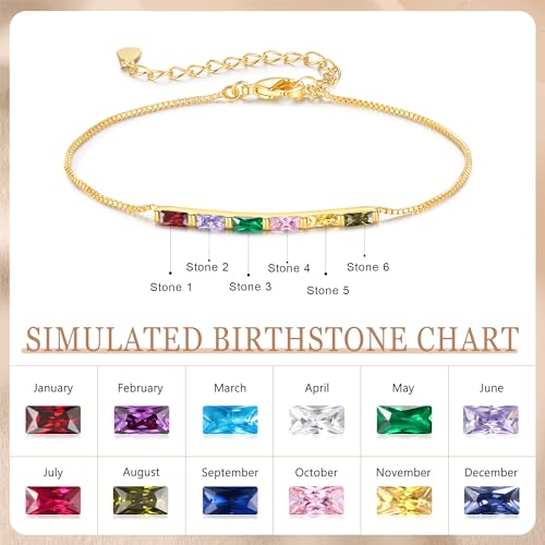 Sterling Silver Personalized 1-6 Birthstone Bracelet for Women Mothers Day Bracelet for Mom Daughter Custom Dainty Jewelry for Christmas Birthday Gift Ideas - style: Gold-6 stones