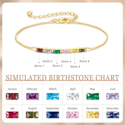 Sterling Silver Personalized 1-6 Birthstone Bracelet for Women Mothers Day Bracelet for Mom Daughter Custom Dainty Jewelry for Christmas Birthday Gift Ideas - style: Gold-6 stones