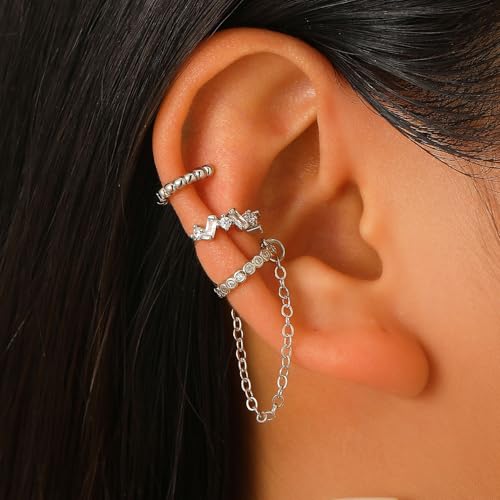 3Pcs Ear Cuffs Non Piercings for Women, Trendy Cubic Zirconia Gold Silver Clip On Cuff Earrings Set Jewelry Dainty Fake Cartilage Earring - color: Silver Chain2