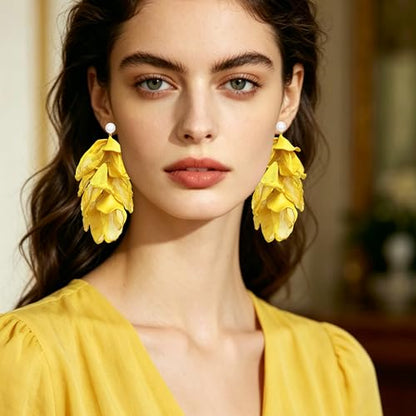 Handmade Bohemian Lightweight Fabric Flower Dangle Drop Earrings Chic Pearl Large Tassel Petal Stud Earrings For Women - color: Ginger