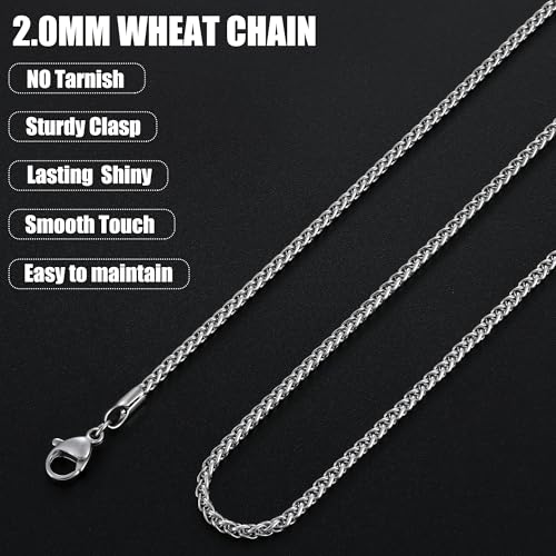 Fiusem Wheat Chains for Men and Women, Silver Tone/Black/14K Gold Plated | 2/2.5/3/4/5mm Stainless Steel Necklace Chain, Mens Necklace Jewelry Gift 16-28 Inch - size: 22 Inches, style: Silver 2.1MM