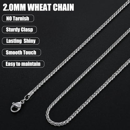 Fiusem Wheat Chains for Men and Women, Silver Tone/Black/14K Gold Plated | 2/2.5/3/4/5mm Stainless Steel Necklace Chain, Mens Necklace Jewelry Gift 16-28 Inch - size: 20 Inches, style: Silver 2.1MM