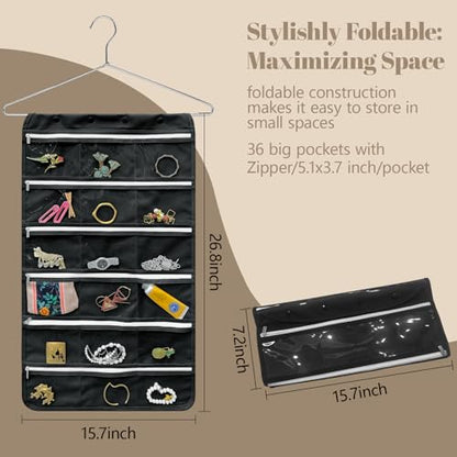 Bloss Hanging Jewelry Organizer, Black Earring Travel Storage Holder with 36 Zippered Pockets for Suitcase, Closet, Foldable Roll Case - color: Black - zipper