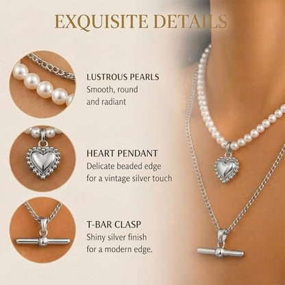Layered Necklaces for Women Pearl Necklace Stack Gold T Bar Necklace Set Dainty Heart Pendant Jewelry Trendy 2026 Fashion Accessories Gifts - color: A2:2pcs-silver