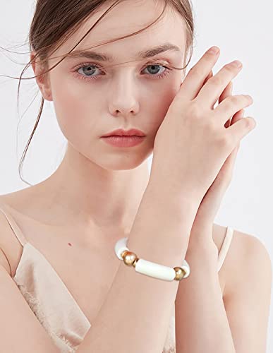 LALAPPLE Gold Plated Beaded Acrylic Bamboo Tube Bangle Bracelets for Women, Colorful Chunky Curved Tube With Gold Plated Pieces Beads Stretch Bracelet Friendship Summer Beach Jewelry - color: A-Ivory