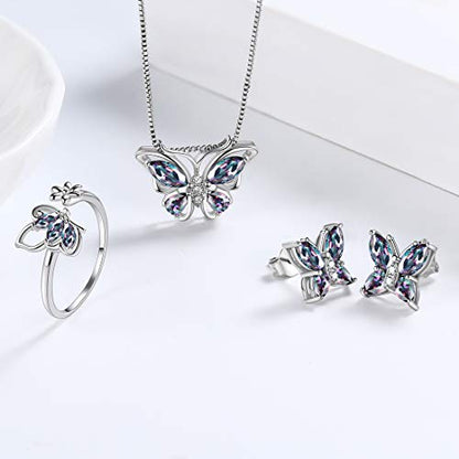 Aurora Tears Butterfly Jewelry,Women 925 Sterling Silver Butterflies Birthstone Pendant Necklace/Earrings/Rings Wedding Gift - color: M.Mysitc-set 2