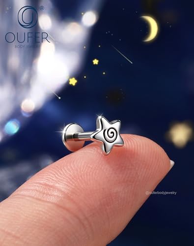 OUFER 16G Spiral Star Internally Threaded Flat Back Helix Stud 316L Surgical Stainless Steel 6mm Cartilage Tragus Nose Conch Daith Medusa Labret Piercing Jewelry for Women Men
