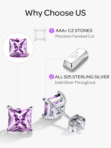 ChicSilver 925 Sterling Silver Earrings Sparkling Heart/Round/Princess Cut Birthstone Earrings for Women Birthday Jewelry with Gift Box - style: A.June(Alexandrite)-Princess Cut