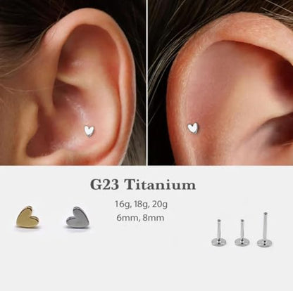 20G/18G/16G Titanium Flat Back Earrings, Threadless Nose Stud Tiny Stud Earrings, Cartilage Tragus Piercing Jewelry Conch Helix Stud - color: Heart (silver 3pcs), size: 18ga(1.0mm)